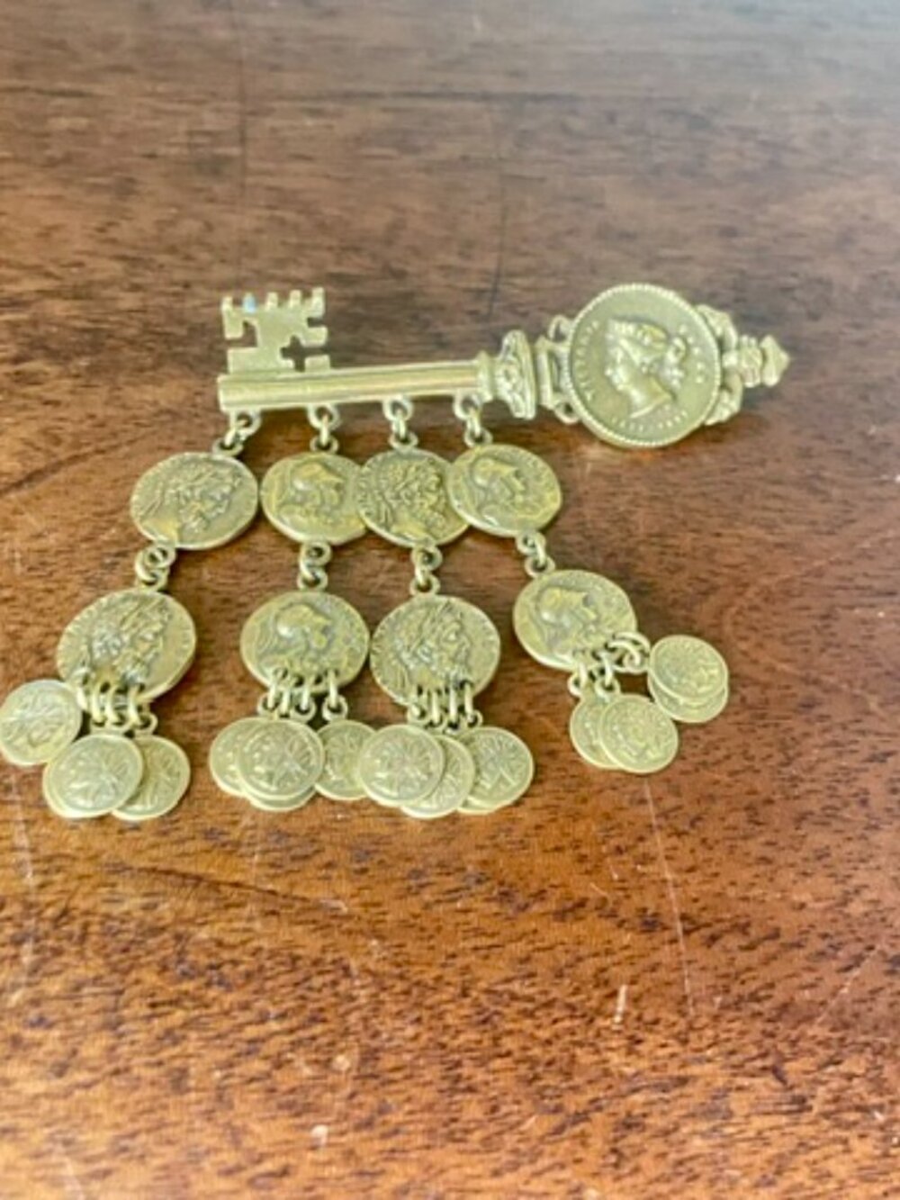 Vintage Rare Corocraft Gold Tone Faux Ancient Coin Dangle Key Statement Brooch